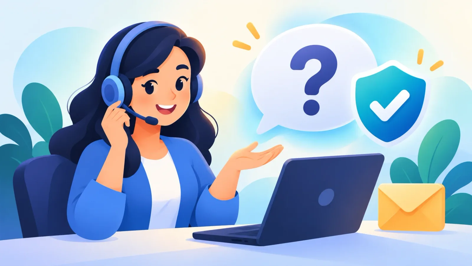 کارشناس پشتیبانی با هدست در کنار حباب سوال و سپر تایید