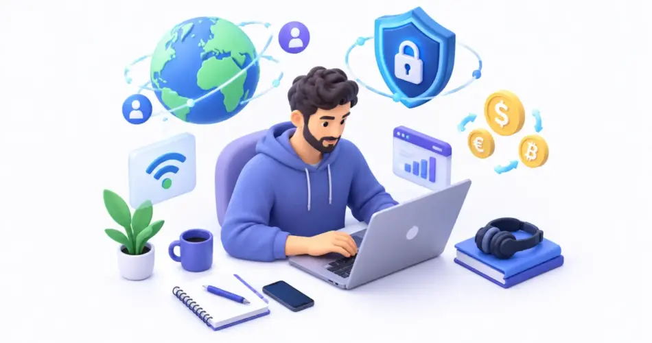 فریلنسر در حال کار با لپ‌تاپ و نمادهای امنیت و ارتباط جهانی